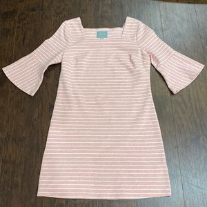 Pink Dress with White Stripes -EUC Square Neck w/ Bell Sleeves